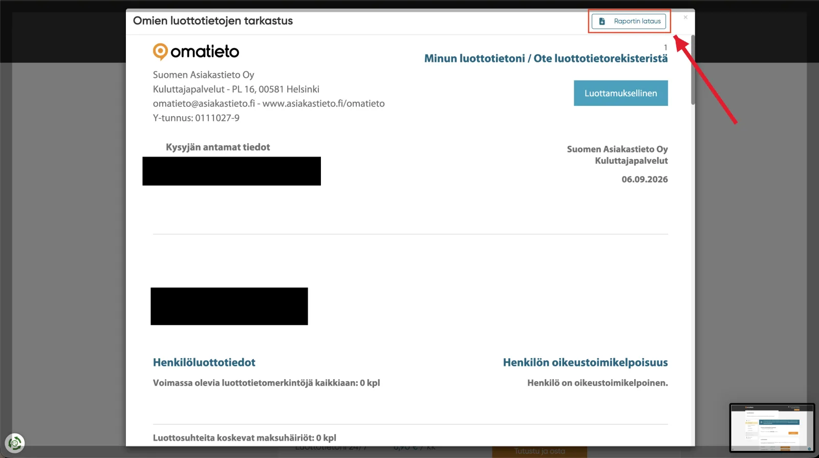 Raportti ladataan PDF:nä omalle laitteelle