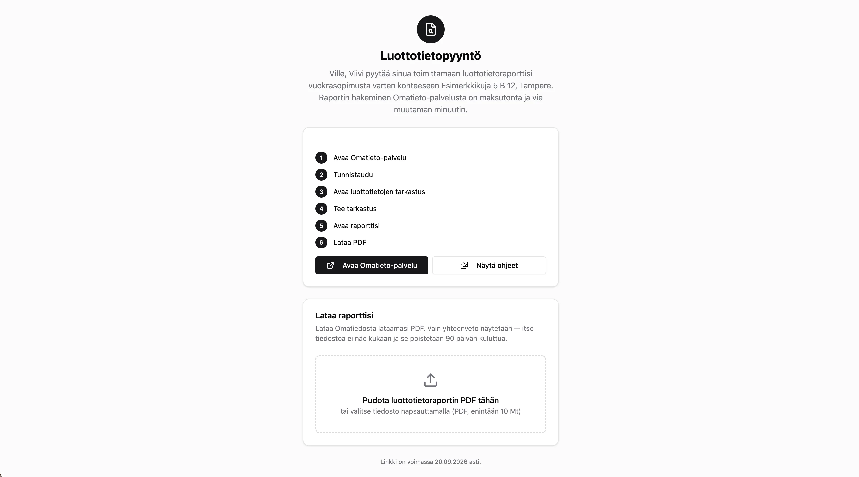 PDF palautetaan Salkkusen turvalliseen latauslinkkiin — yhteenveto näkyy heti molemmille